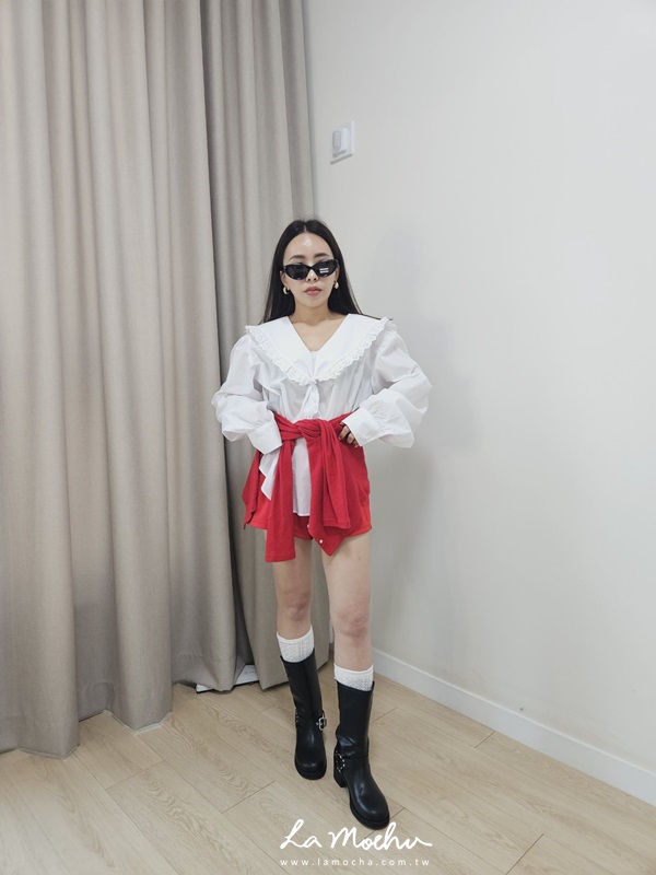 大翻領蕾絲滾邊綁帶襯衫
